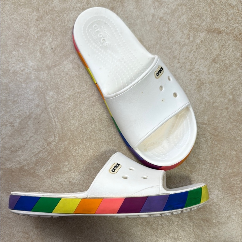 Crocs White Rainbow Slide Sandals